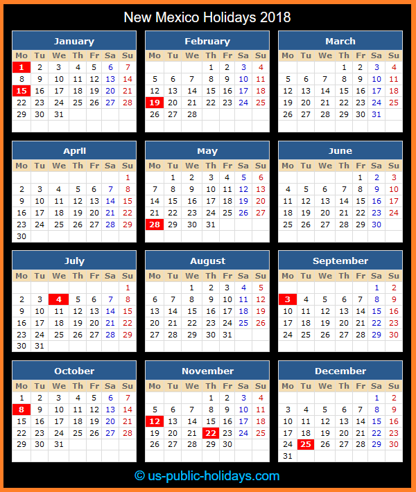 New Mexico Holiday Calendar 2018