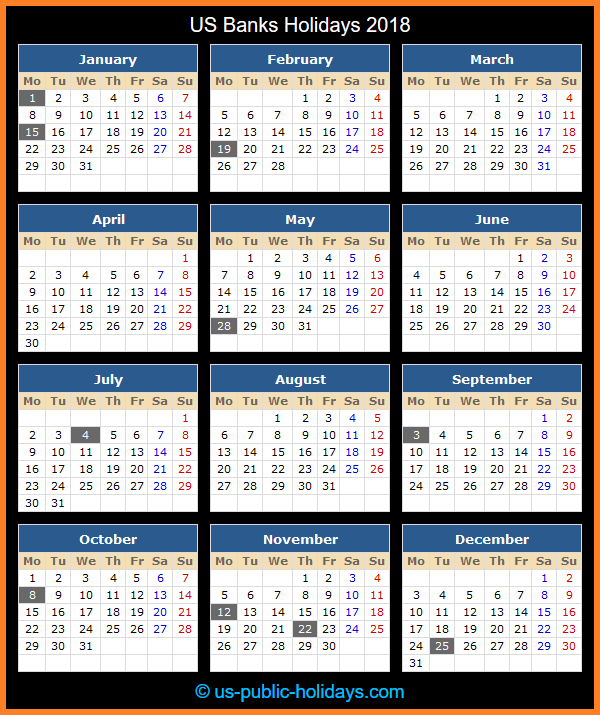 US Banks Holiday Calendar 2018