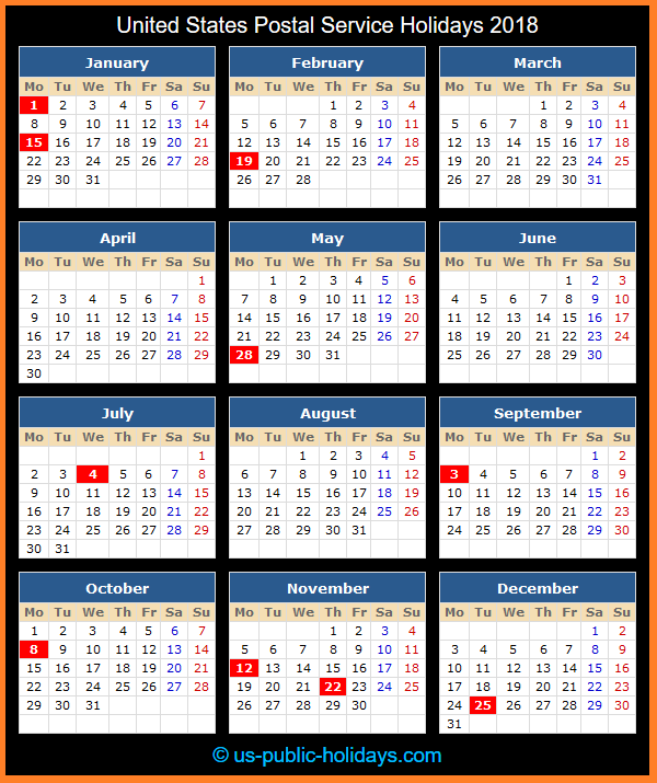 United States Postal Service Holiday Calendar 2018