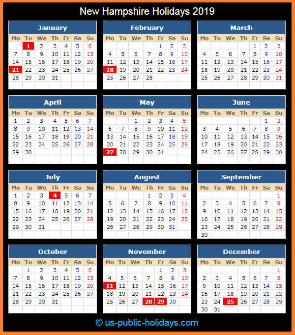 New Hampshire Holiday Calendar 2019