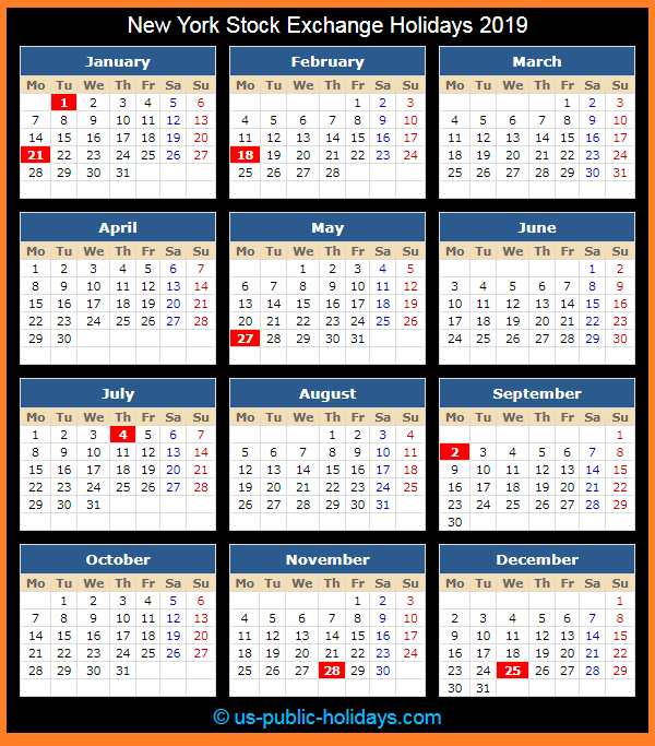 New York Stock Exchange Holiday Calendar 2019