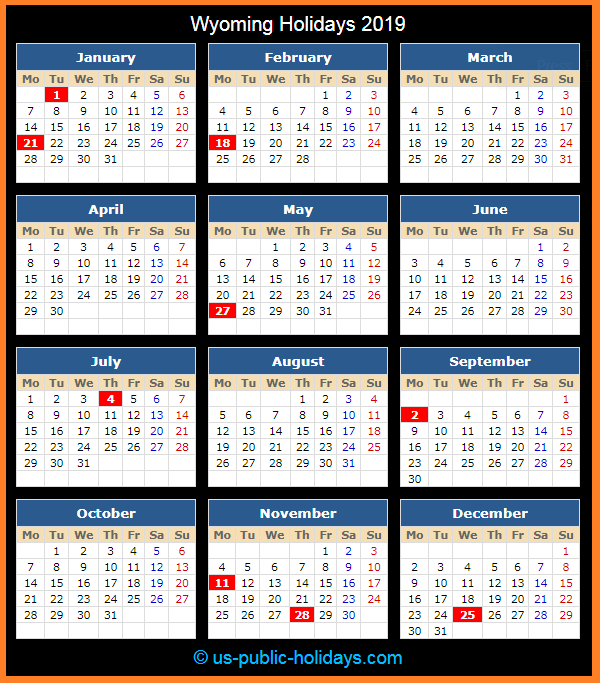 Wyoming Holiday Calendar 2019