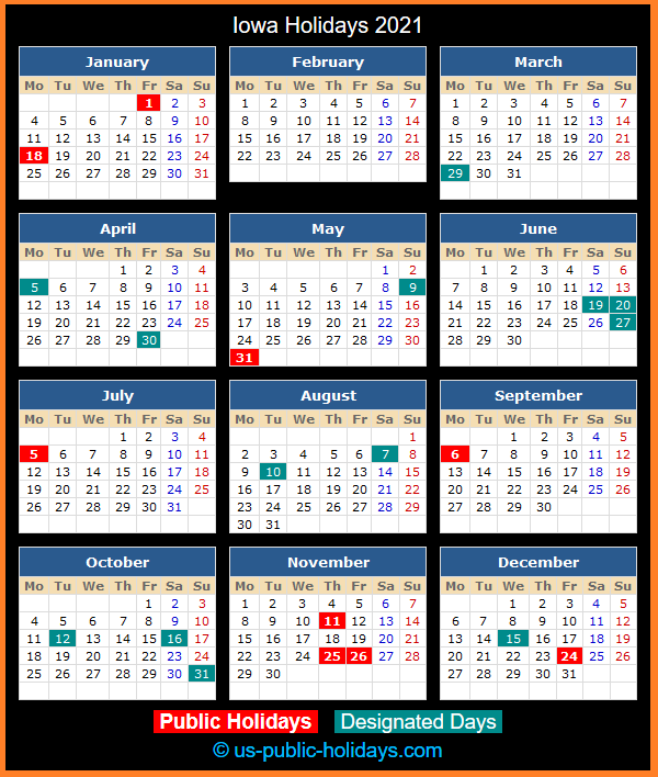 Iowa Holidays 2021