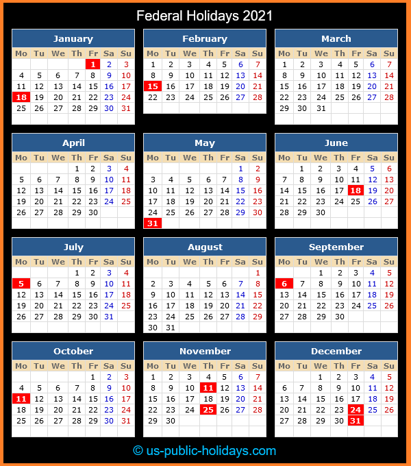 Federal Holiday Calendar 2021