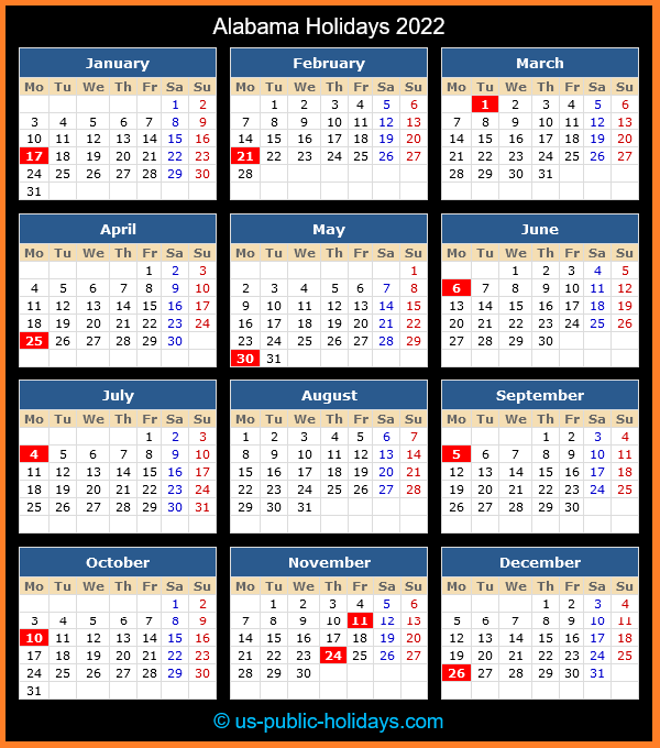 Alabama Holiday Calendar 2022
