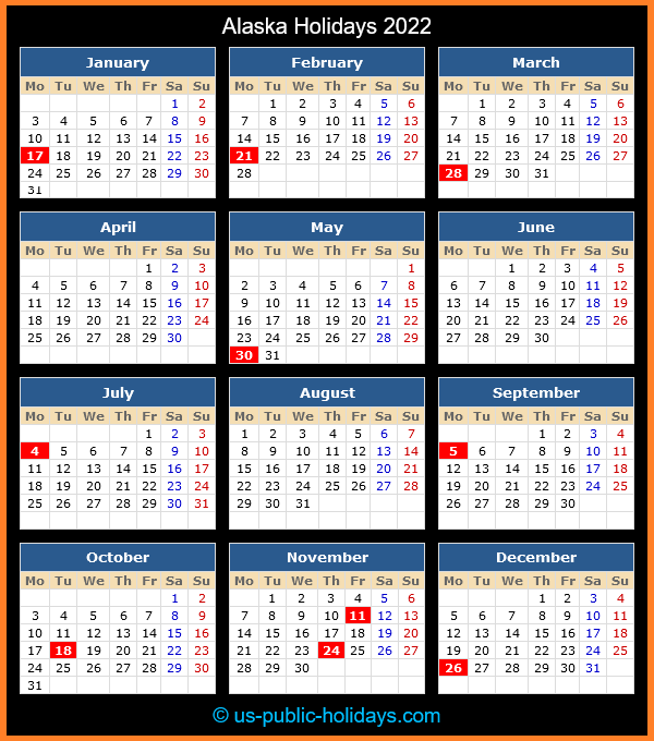 Alaska Holiday Calendar 2022