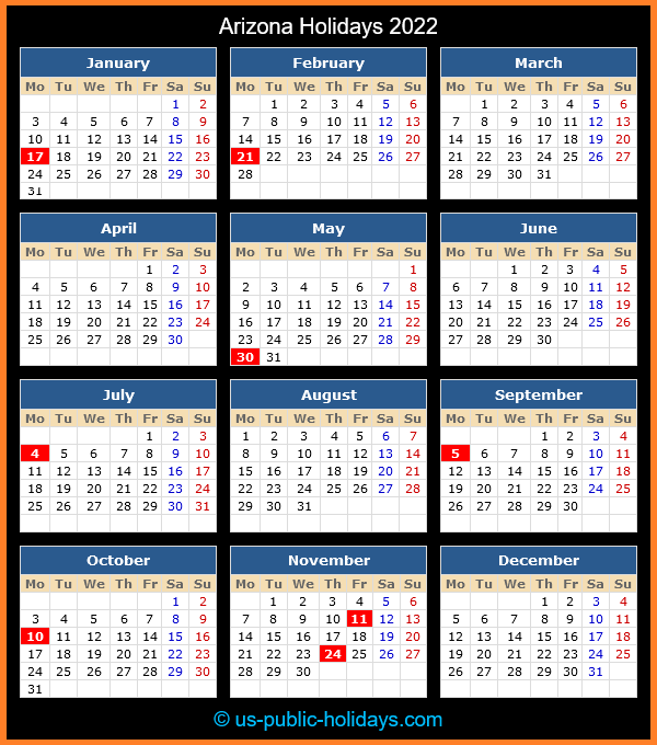 Arizona Holiday Calendar 2022