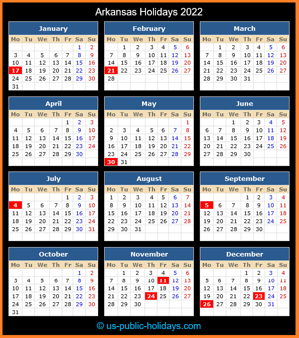 Arkansas Holiday Calendar 2022