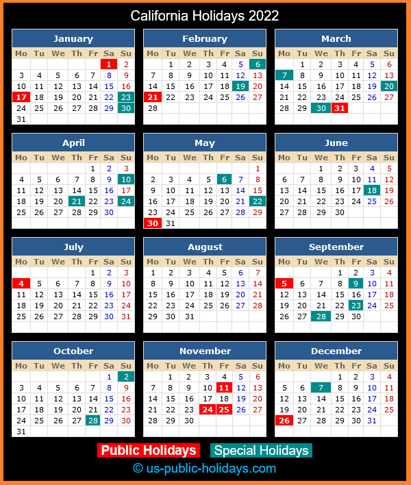 California Holiday Calendar 2022