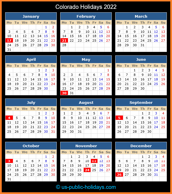 Colorado Holiday Calendar 2022