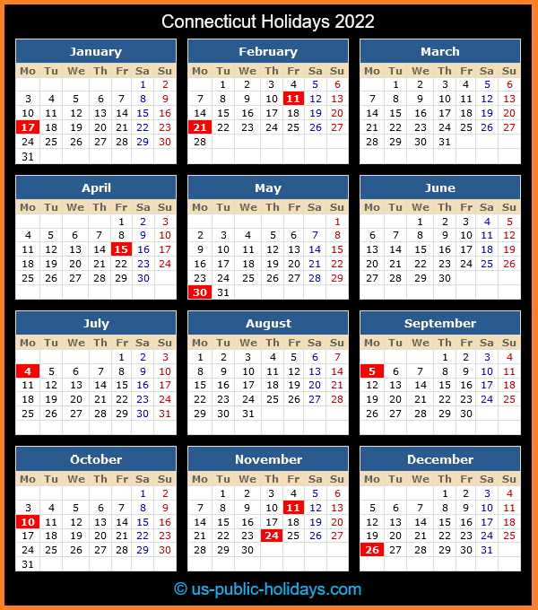Connecticut Holiday Calendar 2022