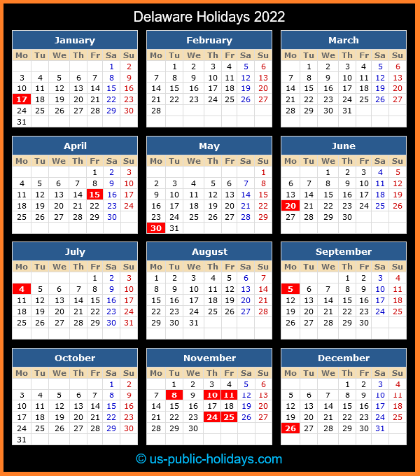 Delaware Holiday Calendar 2022
