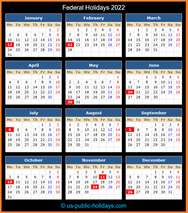 Federal Holiday Calendar 2022