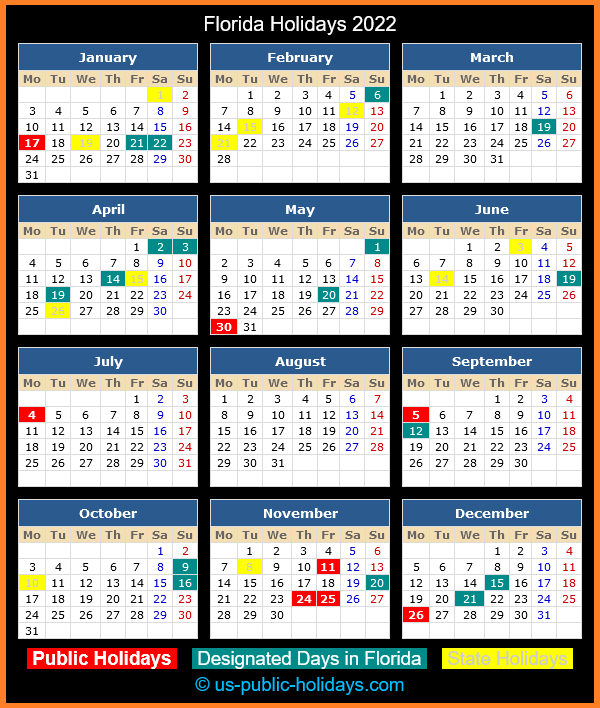 Florida Holiday Calendar 2022