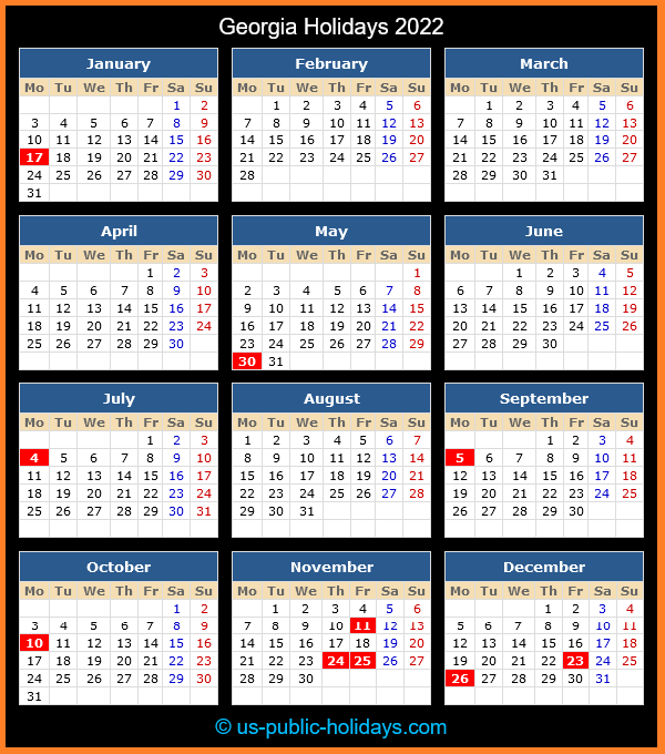 Georgia Holiday Calendar 2022