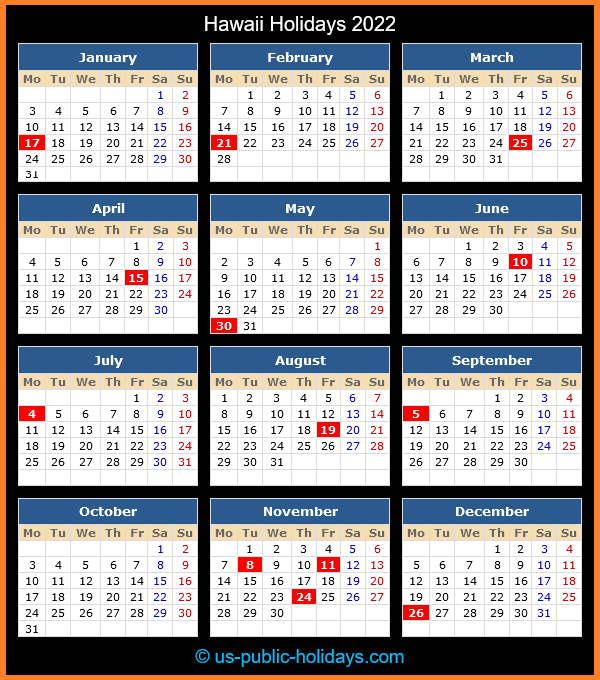 Hawaii Holiday Calendar 2022