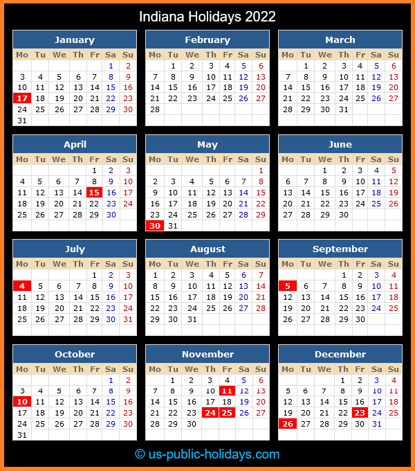 Indiana Holiday Calendar 2022