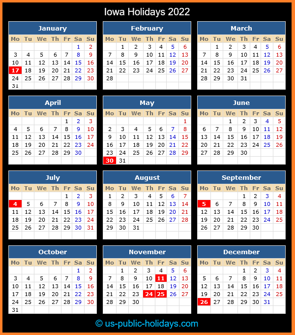 Iowa Holiday Calendar 2022