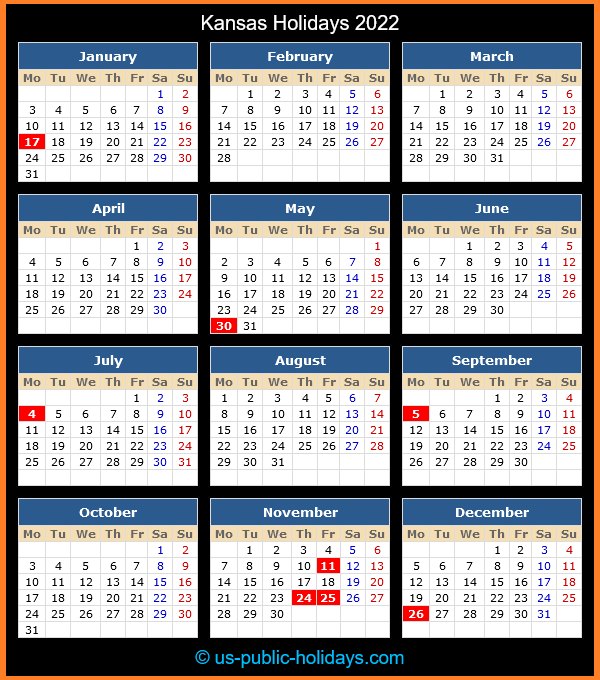Kansas Holiday Calendar 2022