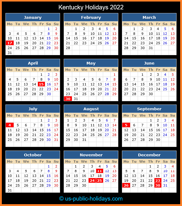 Kentucky Holiday Calendar 2022