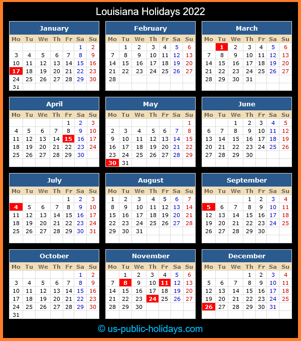 Louisiana Holiday Calendar 2022