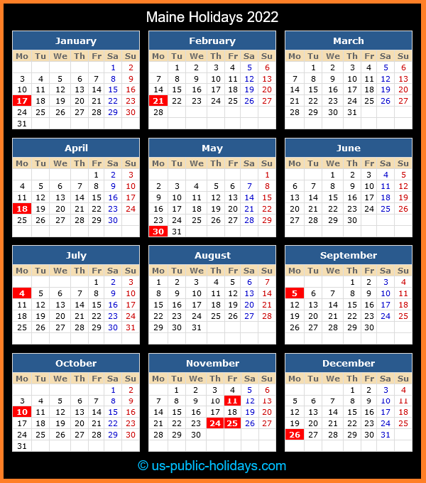 Maine Holiday Calendar 2022