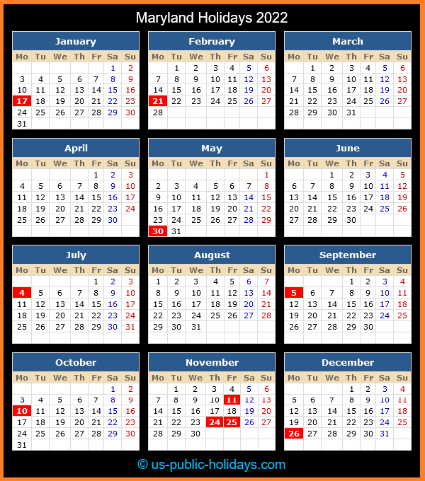 Umd 2022 Calendar.Maryland Holidays 2022