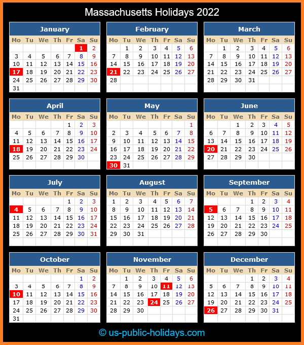 Massachusetts Holiday Calendar 2022