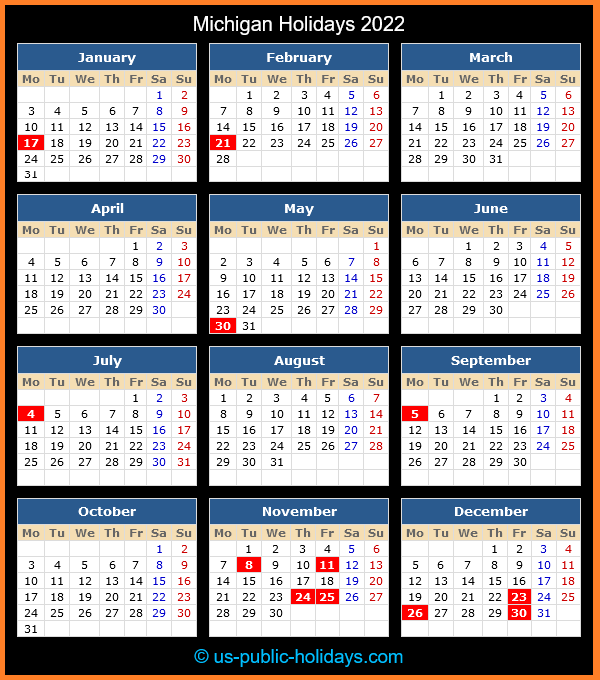 Michigan Holiday Calendar 2022