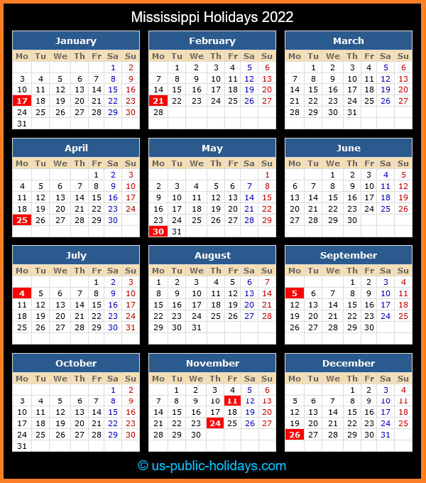 Mississippi Holiday Calendar 2022