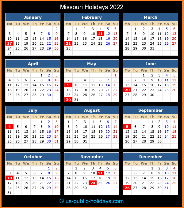 Missouri Holiday Calendar 2022