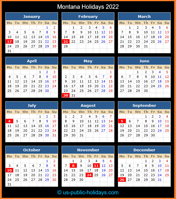 Montana Holiday Calendar 2022