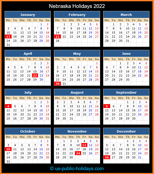 Nebraska Holiday Calendar 2022