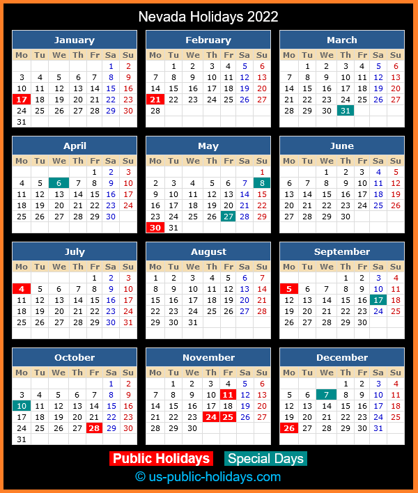 Nevada Holiday Calendar 2022