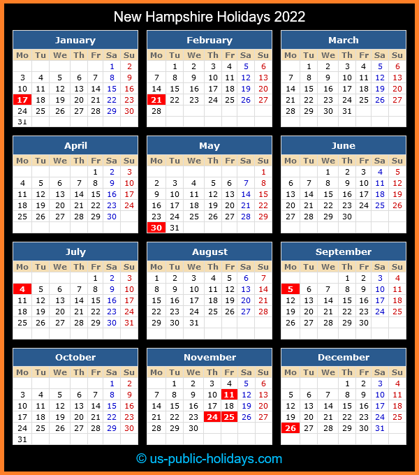 New Hampshire Holiday Calendar 2022