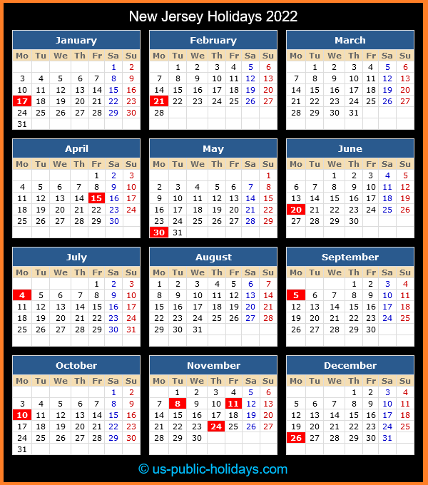 New Jersey Holiday Calendar 2022