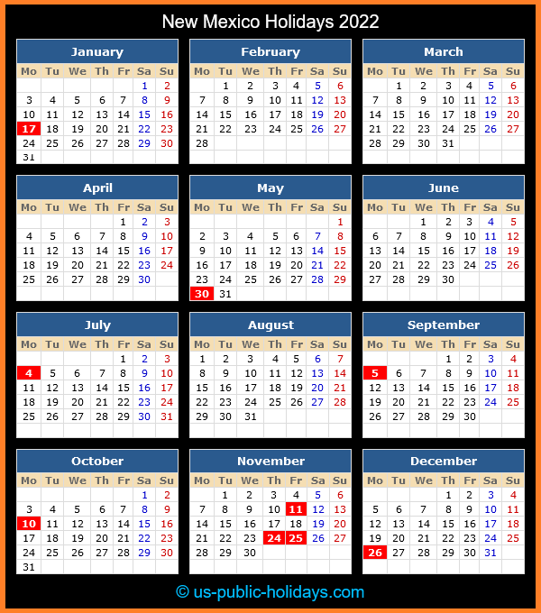 New Mexico Holiday Calendar 2022