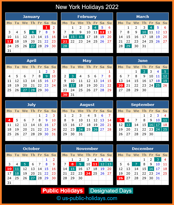 New York Holiday Calendar 2022