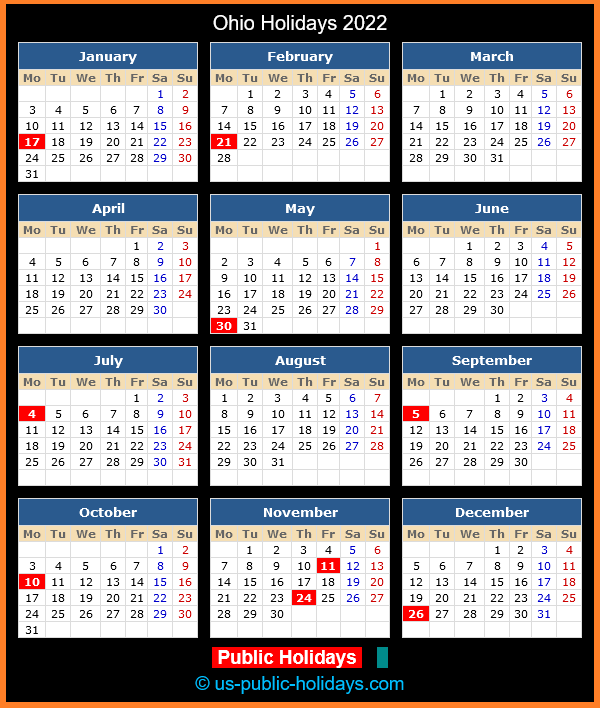 Ohio Holiday Calendar 2022