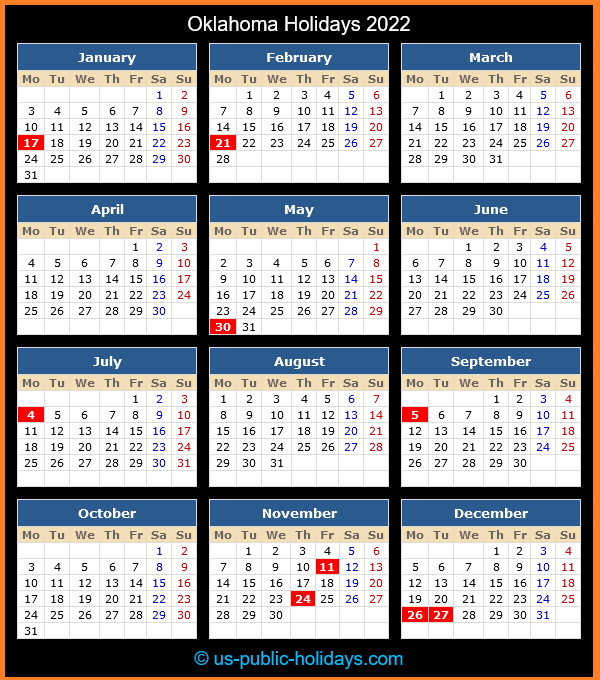 Oklahoma Holiday Calendar 2022