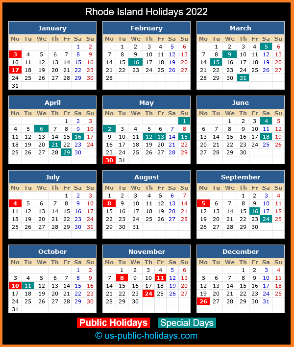 Rhode Island Holiday Calendar 2022