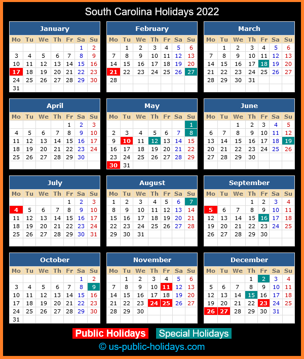 South Carolina Holiday Calendar 2022