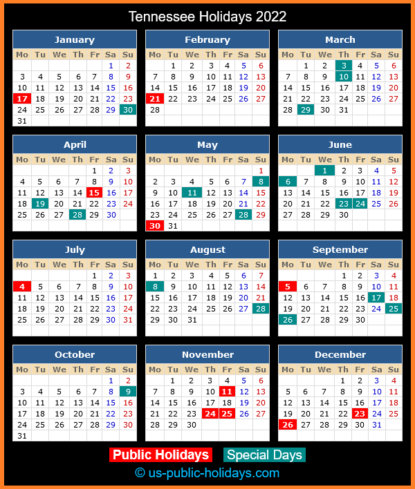 Tennessee Holiday Calendar 2022