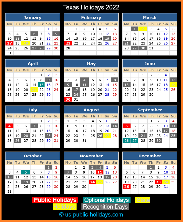 Texas Holiday Calendar 2022