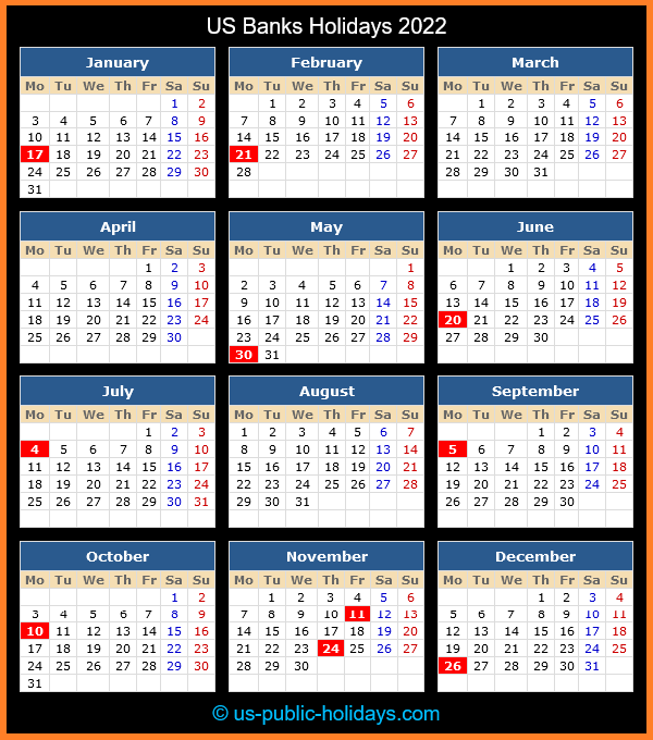 US Banks Holiday Calendar 2022