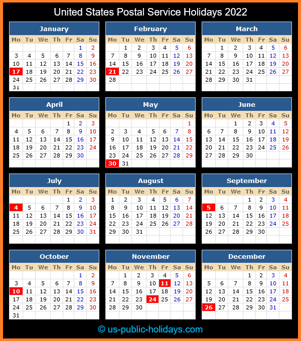 United States Postal Service Holiday Calendar 2022