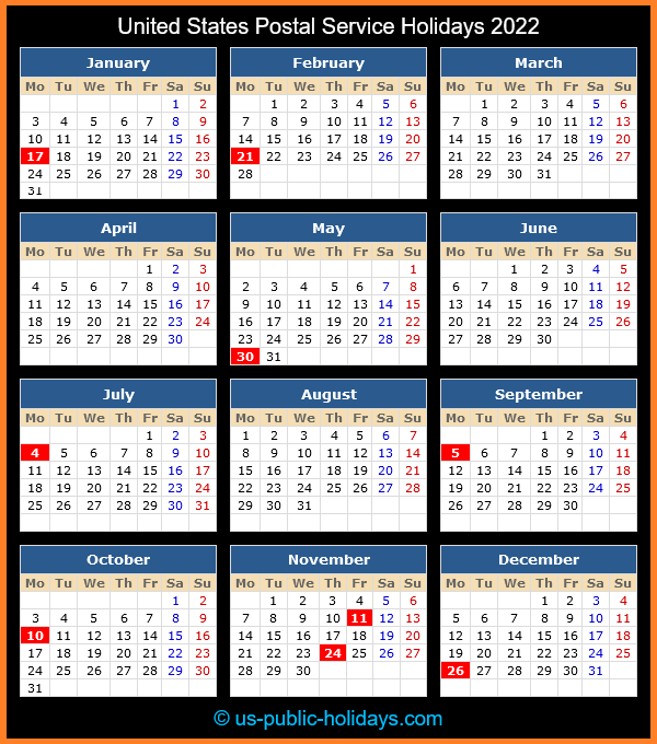 United States Postal Service Holidays 2022