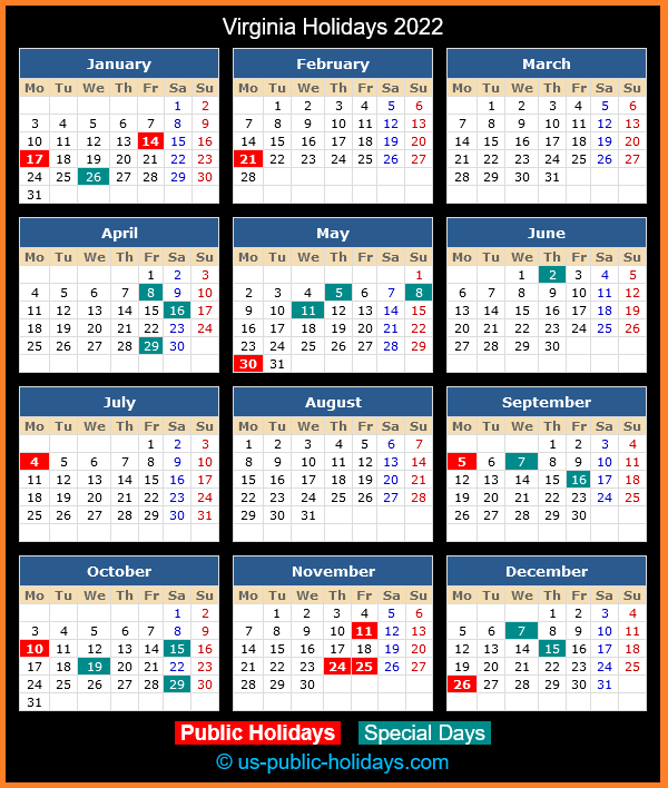 Virginia Holiday Calendar 2022