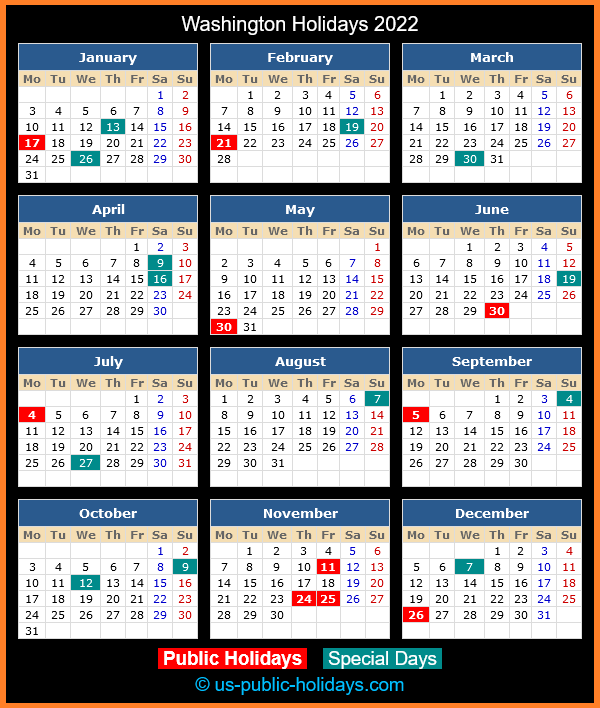 Washington Holiday Calendar 2022