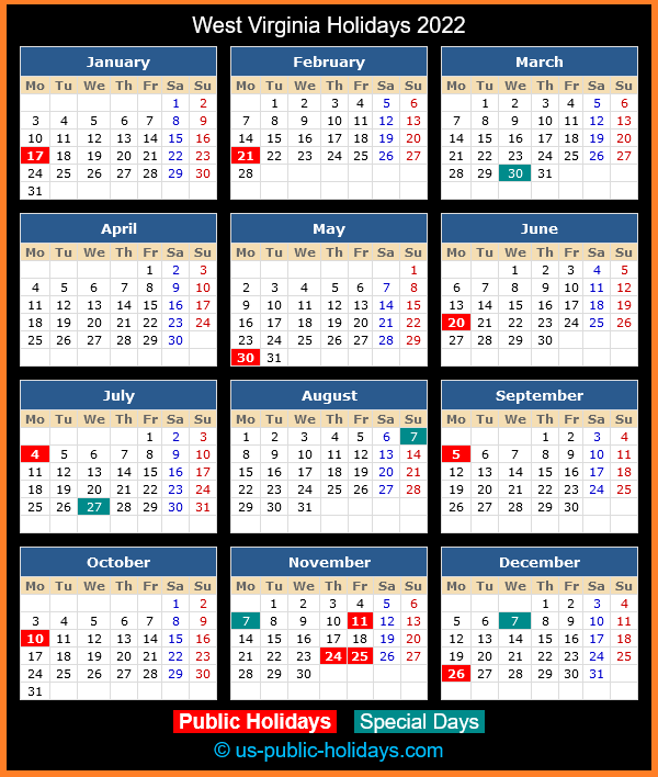 West Virginia Holiday Calendar 2022
